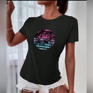 INAWLY Palm Tree Sunset Colorful Sky Print Casual T-Shirt Graphic Tees Size L